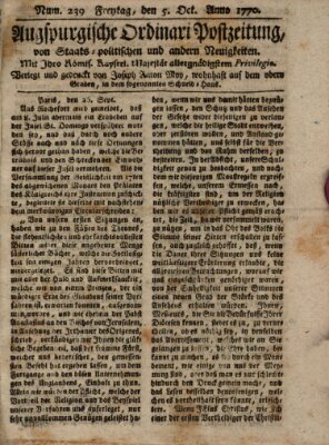 Augsburgische Ordinari Postzeitung von Staats-, gelehrten, historisch- u. ökonomischen Neuigkeiten (Augsburger Postzeitung) Freitag 5. Oktober 1770