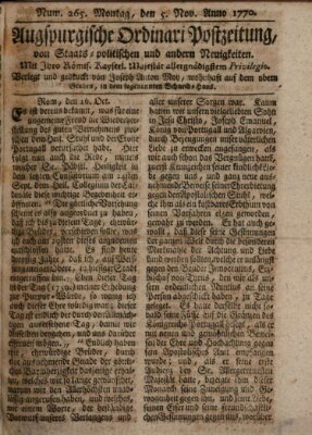 Augsburgische Ordinari Postzeitung von Staats-, gelehrten, historisch- u. ökonomischen Neuigkeiten (Augsburger Postzeitung) Montag 5. November 1770