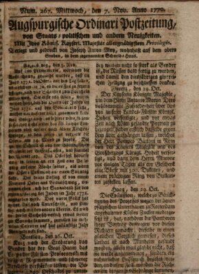 Augsburgische Ordinari Postzeitung von Staats-, gelehrten, historisch- u. ökonomischen Neuigkeiten (Augsburger Postzeitung) Mittwoch 7. November 1770