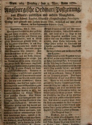 Augsburgische Ordinari Postzeitung von Staats-, gelehrten, historisch- u. ökonomischen Neuigkeiten (Augsburger Postzeitung) Freitag 9. November 1770