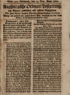 Augsburgische Ordinari Postzeitung von Staats-, gelehrten, historisch- u. ökonomischen Neuigkeiten (Augsburger Postzeitung) Mittwoch 14. November 1770