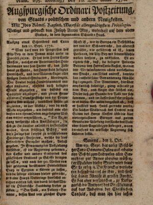 Augsburgische Ordinari Postzeitung von Staats-, gelehrten, historisch- u. ökonomischen Neuigkeiten (Augsburger Postzeitung) Montag 10. Dezember 1770