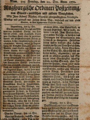 Augsburgische Ordinari Postzeitung von Staats-, gelehrten, historisch- u. ökonomischen Neuigkeiten (Augsburger Postzeitung) Freitag 21. Dezember 1770