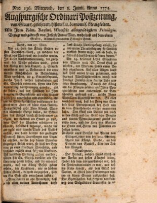 Augsburgische Ordinari Postzeitung von Staats-, gelehrten, historisch- u. ökonomischen Neuigkeiten (Augsburger Postzeitung) Mittwoch 8. Juni 1774