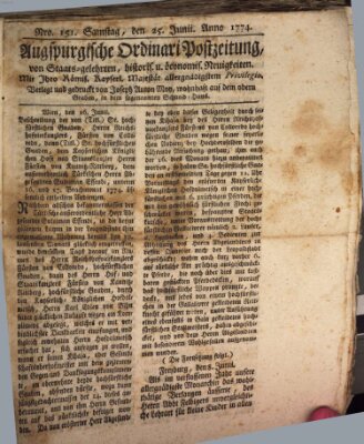 Augsburgische Ordinari Postzeitung von Staats-, gelehrten, historisch- u. ökonomischen Neuigkeiten (Augsburger Postzeitung) Samstag 25. Juni 1774