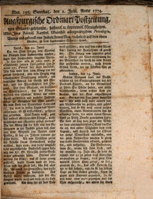 Augsburgische Ordinari Postzeitung von Staats-, gelehrten, historisch- u. ökonomischen Neuigkeiten (Augsburger Postzeitung) Samstag 2. Juli 1774