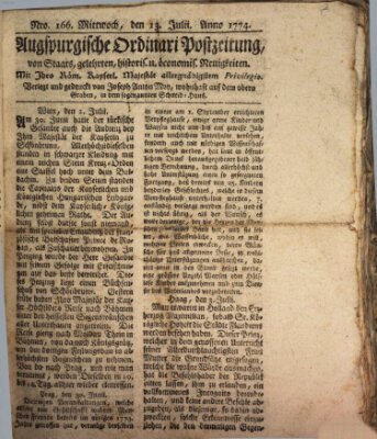 Augsburgische Ordinari Postzeitung von Staats-, gelehrten, historisch- u. ökonomischen Neuigkeiten (Augsburger Postzeitung) Mittwoch 13. Juli 1774