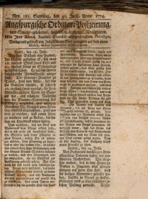 Augsburgische Ordinari Postzeitung von Staats-, gelehrten, historisch- u. ökonomischen Neuigkeiten (Augsburger Postzeitung) Samstag 30. Juli 1774