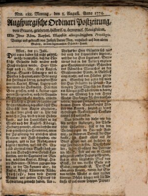 Augsburgische Ordinari Postzeitung von Staats-, gelehrten, historisch- u. ökonomischen Neuigkeiten (Augsburger Postzeitung) Montag 8. August 1774