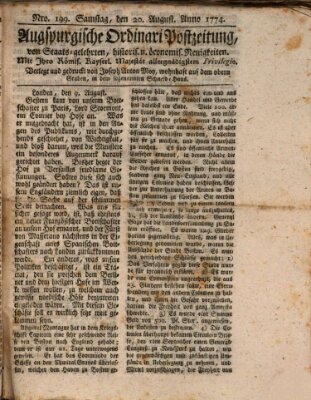 Augsburgische Ordinari Postzeitung von Staats-, gelehrten, historisch- u. ökonomischen Neuigkeiten (Augsburger Postzeitung) Samstag 20. August 1774