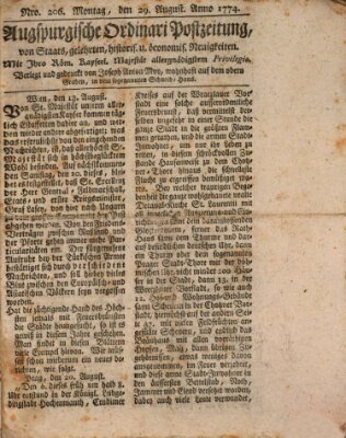 Augsburgische Ordinari Postzeitung von Staats-, gelehrten, historisch- u. ökonomischen Neuigkeiten (Augsburger Postzeitung) Montag 29. August 1774