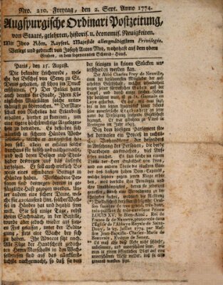 Augsburgische Ordinari Postzeitung von Staats-, gelehrten, historisch- u. ökonomischen Neuigkeiten (Augsburger Postzeitung) Freitag 2. September 1774