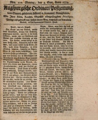 Augsburgische Ordinari Postzeitung von Staats-, gelehrten, historisch- u. ökonomischen Neuigkeiten (Augsburger Postzeitung) Montag 5. September 1774