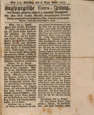 Augsburgische Ordinari Postzeitung von Staats-, gelehrten, historisch- u. ökonomischen Neuigkeiten (Augsburger Postzeitung) Dienstag 6. September 1774