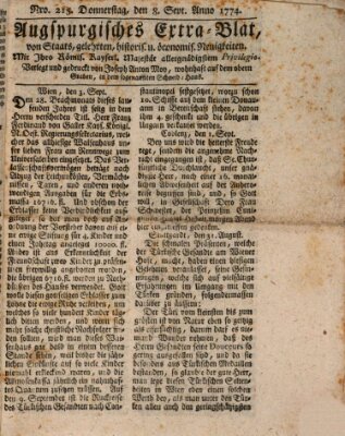 Augsburgische Ordinari Postzeitung von Staats-, gelehrten, historisch- u. ökonomischen Neuigkeiten (Augsburger Postzeitung) Donnerstag 8. September 1774