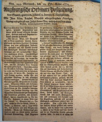 Augsburgische Ordinari Postzeitung von Staats-, gelehrten, historisch- u. ökonomischen Neuigkeiten (Augsburger Postzeitung) Mittwoch 12. Oktober 1774