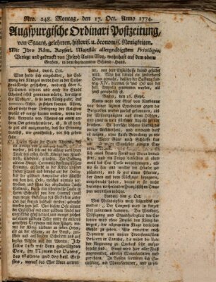 Augsburgische Ordinari Postzeitung von Staats-, gelehrten, historisch- u. ökonomischen Neuigkeiten (Augsburger Postzeitung) Montag 17. Oktober 1774