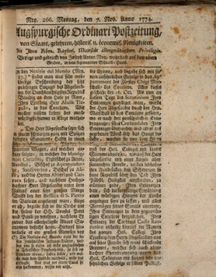 Augsburgische Ordinari Postzeitung von Staats-, gelehrten, historisch- u. ökonomischen Neuigkeiten (Augsburger Postzeitung) Montag 7. November 1774