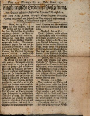 Augsburgische Ordinari Postzeitung von Staats-, gelehrten, historisch- u. ökonomischen Neuigkeiten (Augsburger Postzeitung) Montag 14. November 1774