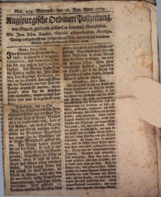 Augsburgische Ordinari Postzeitung von Staats-, gelehrten, historisch- u. ökonomischen Neuigkeiten (Augsburger Postzeitung) Mittwoch 16. November 1774