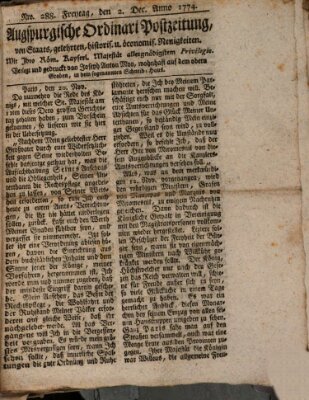 Augsburgische Ordinari Postzeitung von Staats-, gelehrten, historisch- u. ökonomischen Neuigkeiten (Augsburger Postzeitung) Freitag 2. Dezember 1774