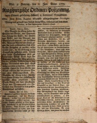 Augsburgische Ordinari Postzeitung von Staats-, gelehrten, historisch- u. ökonomischen Neuigkeiten (Augsburger Postzeitung) Freitag 6. Januar 1775