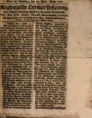 Augsburgische Ordinari Postzeitung von Staats-, gelehrten, historisch- u. ökonomischen Neuigkeiten (Augsburger Postzeitung) Mittwoch 20. März 1776