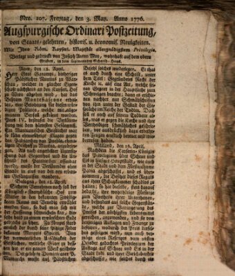 Augsburgische Ordinari Postzeitung von Staats-, gelehrten, historisch- u. ökonomischen Neuigkeiten (Augsburger Postzeitung) Freitag 3. Mai 1776