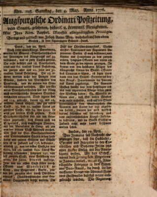 Augsburgische Ordinari Postzeitung von Staats-, gelehrten, historisch- u. ökonomischen Neuigkeiten (Augsburger Postzeitung) Samstag 4. Mai 1776