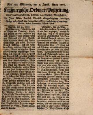 Augsburgische Ordinari Postzeitung von Staats-, gelehrten, historisch- u. ökonomischen Neuigkeiten (Augsburger Postzeitung) Mittwoch 5. Juni 1776