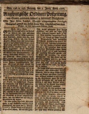 Augsburgische Ordinari Postzeitung von Staats-, gelehrten, historisch- u. ökonomischen Neuigkeiten (Augsburger Postzeitung) Freitag 7. Juni 1776