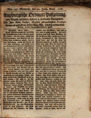 Augsburgische Ordinari Postzeitung von Staats-, gelehrten, historisch- u. ökonomischen Neuigkeiten (Augsburger Postzeitung) Mittwoch 19. Juni 1776