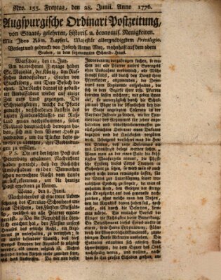 Augsburgische Ordinari Postzeitung von Staats-, gelehrten, historisch- u. ökonomischen Neuigkeiten (Augsburger Postzeitung) Freitag 28. Juni 1776