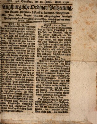 Augsburgische Ordinari Postzeitung von Staats-, gelehrten, historisch- u. ökonomischen Neuigkeiten (Augsburger Postzeitung) Samstag 29. Juni 1776