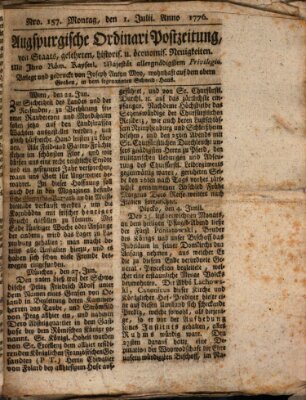 Augsburgische Ordinari Postzeitung von Staats-, gelehrten, historisch- u. ökonomischen Neuigkeiten (Augsburger Postzeitung) Montag 1. Juli 1776