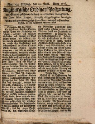 Augsburgische Ordinari Postzeitung von Staats-, gelehrten, historisch- u. ökonomischen Neuigkeiten (Augsburger Postzeitung) Freitag 19. Juli 1776