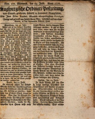 Augsburgische Ordinari Postzeitung von Staats-, gelehrten, historisch- u. ökonomischen Neuigkeiten (Augsburger Postzeitung) Mittwoch 24. Juli 1776