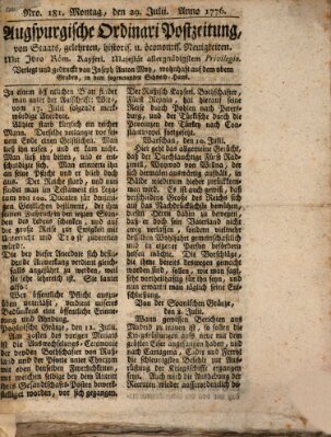 Augsburgische Ordinari Postzeitung von Staats-, gelehrten, historisch- u. ökonomischen Neuigkeiten (Augsburger Postzeitung) Montag 29. Juli 1776