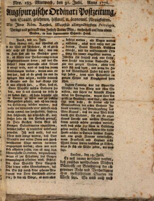 Augsburgische Ordinari Postzeitung von Staats-, gelehrten, historisch- u. ökonomischen Neuigkeiten (Augsburger Postzeitung) Mittwoch 31. Juli 1776