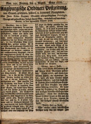 Augsburgische Ordinari Postzeitung von Staats-, gelehrten, historisch- u. ökonomischen Neuigkeiten (Augsburger Postzeitung) Freitag 9. August 1776