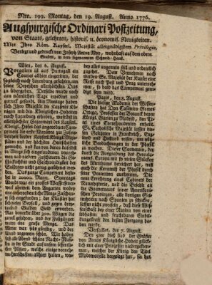 Augsburgische Ordinari Postzeitung von Staats-, gelehrten, historisch- u. ökonomischen Neuigkeiten (Augsburger Postzeitung) Montag 19. August 1776