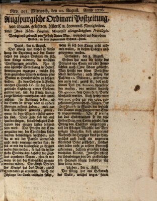 Augsburgische Ordinari Postzeitung von Staats-, gelehrten, historisch- u. ökonomischen Neuigkeiten (Augsburger Postzeitung) Mittwoch 21. August 1776