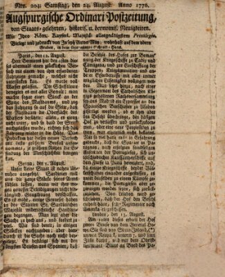 Augsburgische Ordinari Postzeitung von Staats-, gelehrten, historisch- u. ökonomischen Neuigkeiten (Augsburger Postzeitung) Samstag 24. August 1776