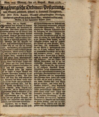 Augsburgische Ordinari Postzeitung von Staats-, gelehrten, historisch- u. ökonomischen Neuigkeiten (Augsburger Postzeitung) Montag 26. August 1776