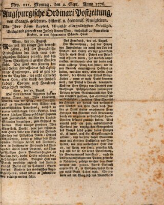 Augsburgische Ordinari Postzeitung von Staats-, gelehrten, historisch- u. ökonomischen Neuigkeiten (Augsburger Postzeitung) Montag 2. September 1776