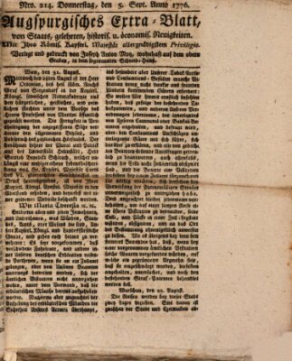 Augsburgische Ordinari Postzeitung von Staats-, gelehrten, historisch- u. ökonomischen Neuigkeiten (Augsburger Postzeitung) Donnerstag 5. September 1776