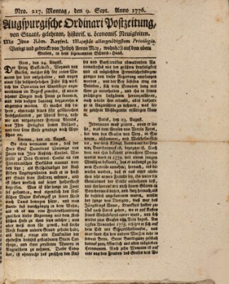 Augsburgische Ordinari Postzeitung von Staats-, gelehrten, historisch- u. ökonomischen Neuigkeiten (Augsburger Postzeitung) Montag 9. September 1776