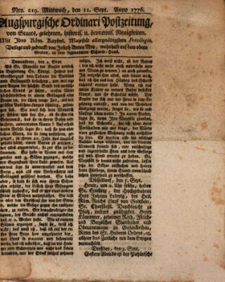 Augsburgische Ordinari Postzeitung von Staats-, gelehrten, historisch- u. ökonomischen Neuigkeiten (Augsburger Postzeitung) Mittwoch 11. September 1776