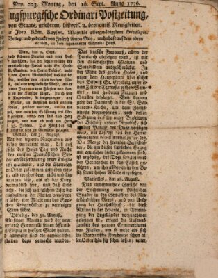 Augsburgische Ordinari Postzeitung von Staats-, gelehrten, historisch- u. ökonomischen Neuigkeiten (Augsburger Postzeitung) Montag 16. September 1776