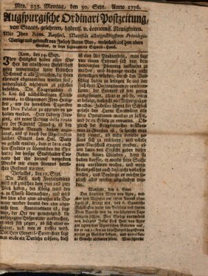 Augsburgische Ordinari Postzeitung von Staats-, gelehrten, historisch- u. ökonomischen Neuigkeiten (Augsburger Postzeitung) Montag 30. September 1776